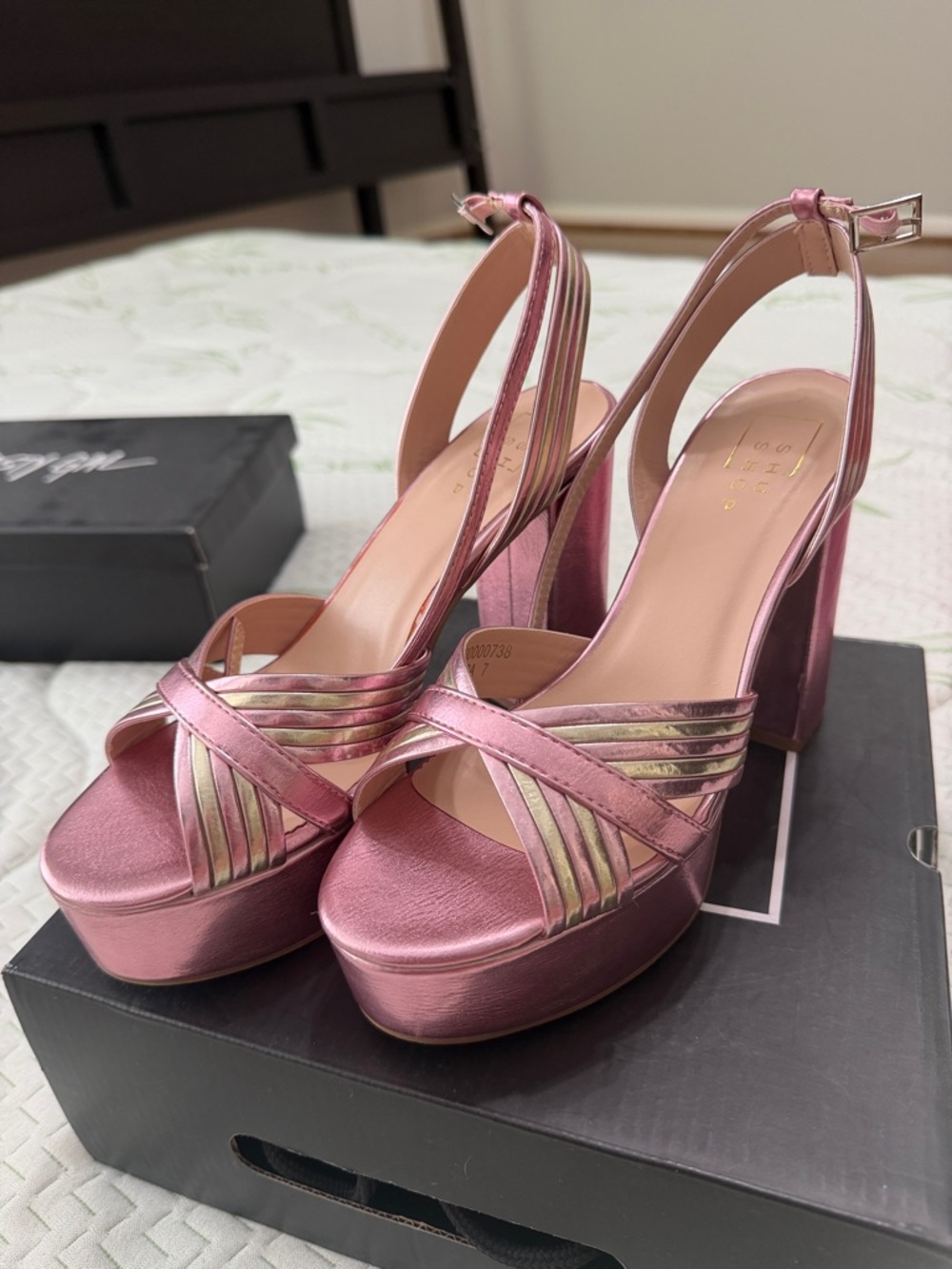 Shu Shop Pink Metallic Platform Sandals with Ankle Strap